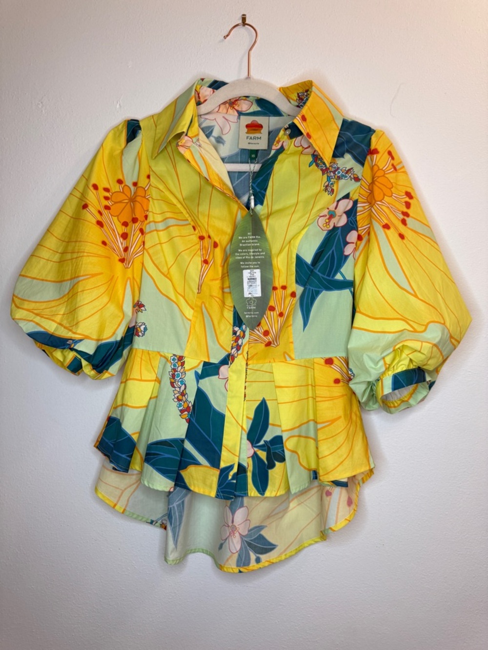 NWT FARM Rio Yellow Multi Floral Pietra Floral Puff-Sleeve Peplum Blouse XS